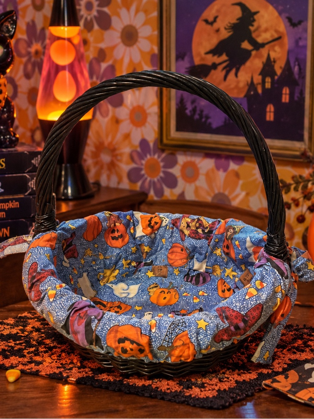 Primitive Country Black Halloween Basket Fabric Lined Cottagecore Ghost